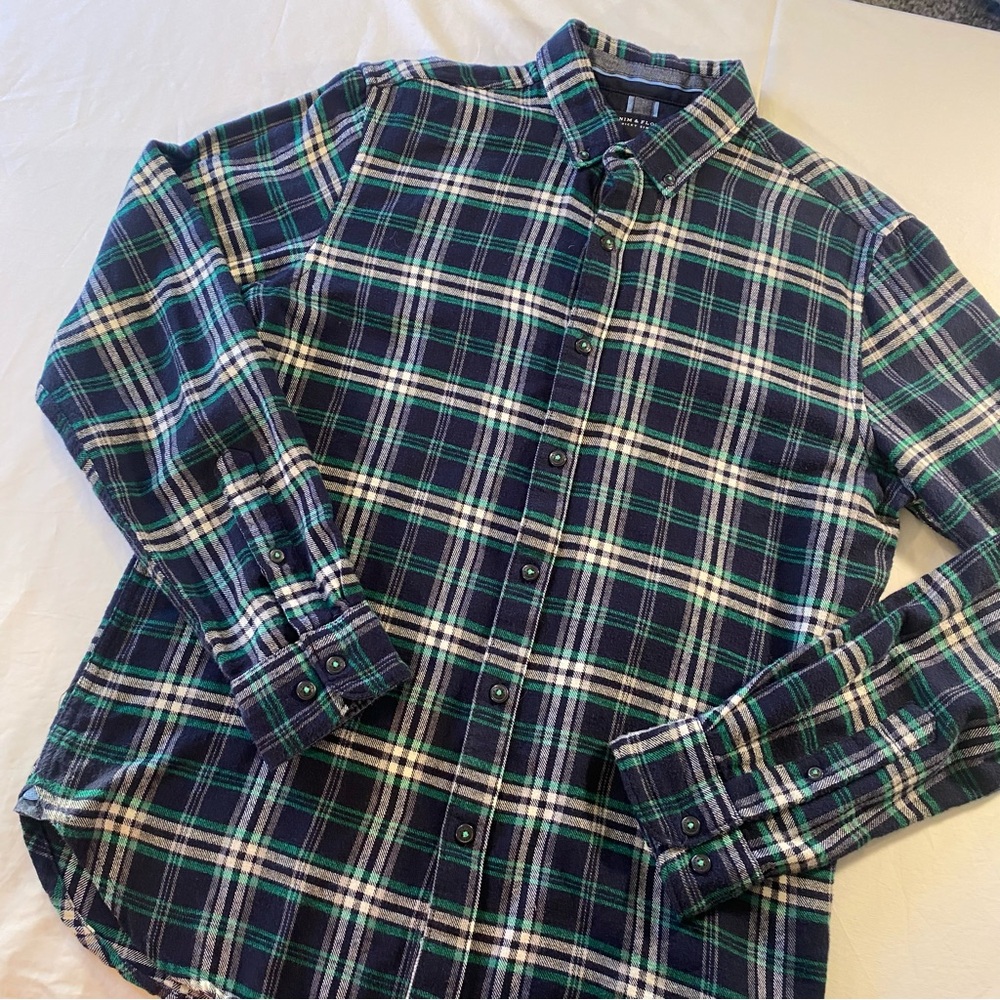 Denim & Flower Navy and Green Plaid Shirt - Small - 100% Cotton